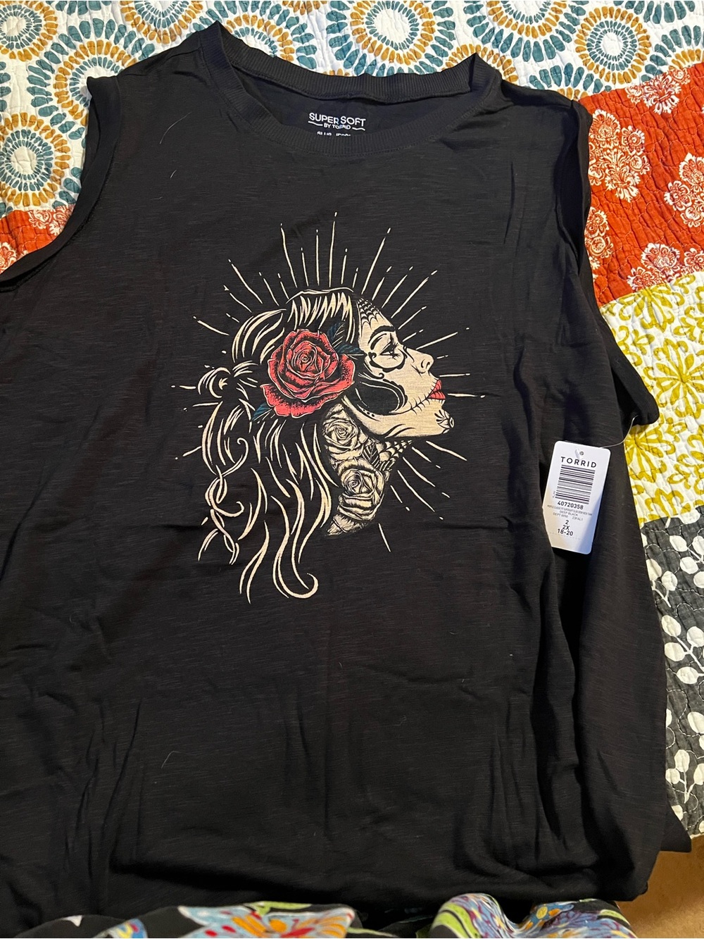 torrid Black Graphic Tank with Red Rose and Cream Illustration